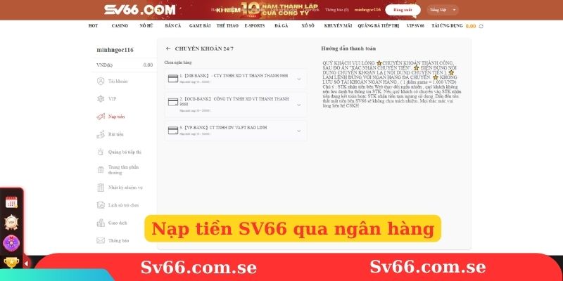 Nạp tiền SV66 qua ngân hàng